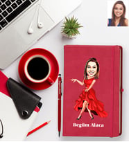 Kişiye Özel Bayan Karikatürlü Kırmızı Defter Kalem Hediye Seti Model-9