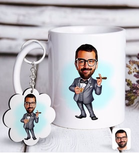 BK Gift Kişiye Özel Erkek Patron Karikatürlü Beyaz Kupa ve Anahtarlık Hediye Seti-3 (Model 1)