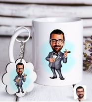 BK Gift Kişiye Özel Erkek Patron Karikatürlü Beyaz Kupa ve Anahtarlık Hediye Seti-3 (Model 1)