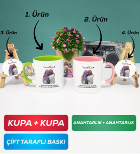 İkili Yeşil Pembe Arkadaşa Hediye Yan Yana Kupa Bardak Anahtarlık