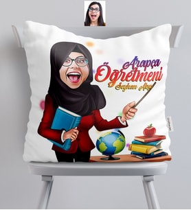 BK Gift Kişiye Özel Tesettürlü Bayan Öğretmen Karikatürlü  Yastık  1