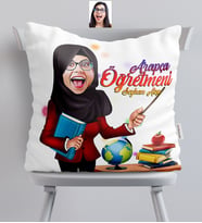 BK Gift Kişiye Özel Tesettürlü Bayan Öğretmen Karikatürlü  Yastık  1