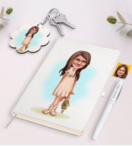 BK Gift Kişiye Özel Kız Çocuk Karikatürlü Beyaz Defter Kalem ve Anahtarlık Hediye Seti-7 (Model 1)