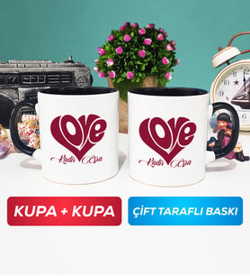 İkili Love Tasarımlı Sevgililer Günü Hediyesi Kupa Bardak Siyah