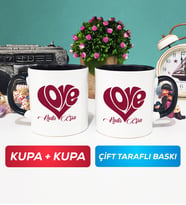 İkili Love Tasarımlı Sevgililer Günü Hediyesi Kupa Bardak Siyah