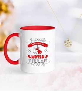 BK Gift Kişiye Özel Yılbaşı Mutlu Yıllar Kırmızı Kupa ve Kar Tanesi Kolye-7 (Model 1)