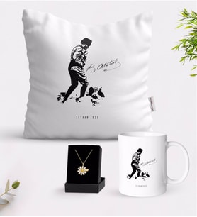 BK Gift Kişiye Özel Atatürk Temalı Beyaz Kupa Yastık ve İsimli Papatya Kolye Hediye Seti-16 (Model 1)