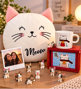 Kişiye Özel Sevimli Kedi Polar Yastık & Kahveli Kedi Kupa Ve 9 Lu Mini Kediler