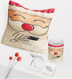 BK Gift Kişiye Özel Yılbaşı Noel Baba Temalı Beyaz Kupa Ayna Yastık Seti - 1