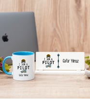 Pilot Mavi Kupa Bardak Ve Masa İsimliği Hediye Seti