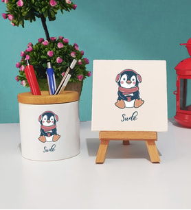 Tatlı Penguen Tasarımlı Kişiye Özel Hediye Penguen Kalemlik ve Dekoratif Taş Baskı Hediye Seti