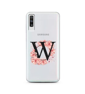 Pembe Çiçekli Harf Tasarım Süper Şeffaf Silikon Telefon Kılıfı Samsung A70 W-Har