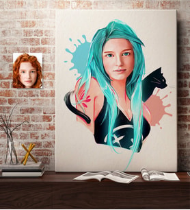 BK Gift Kişiye Özel Kedili Kız Karikatürlü Kanvas Tablo 50x70cm-1