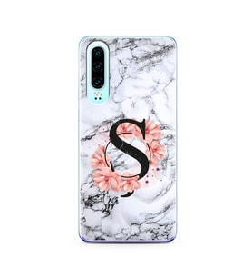 Mermer Çiçekli Harf Tasarım Süper Şeffaf Silikon Telefon Kılıfı Huawei P30  Ş-Ha