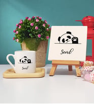 Panda Tasarımlı Kişiye Özel Hediye Panda Ahşap Altlıklı Türk Kahvesi Fincanı ve Dekoratif Taş Baskı