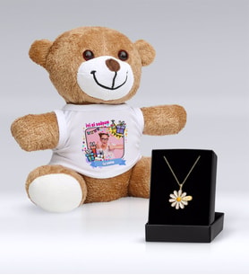 BK Gift Kişiye Özel İsimli Papatya Kolye ve Fotoğraflı Doğum Günü Peluş Ayıcık Hediye Seti-3 (Model 1)