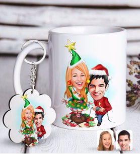 BK Gift Kişiye Özel Yeni Yıl Sevgililer Karikatürlü Beyaz Kupa ve Anahtarlık Hediye Seti-1 (Model 1)