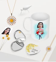 BK Gift Kişiye Özel Ev Hanımı Anne Karikatürlü Kupa Kalp Ayna Papatya Takı Seti-3 (Model 1)