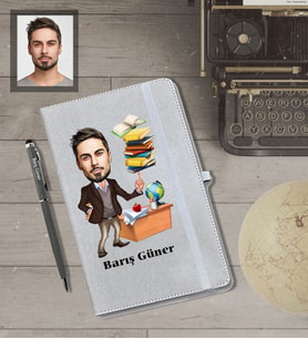 Kişiye Özel Öğretmen Karikatürlü Gri Defter Kalem Hediye Seti  Bay-2