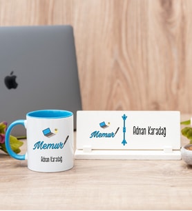 Memur Mavi Kupa Bardak Ve Masa İsimliği Hediye Seti