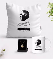 BK Gift Kişiye Özel Atatürk Temalı Beyaz Kupa Yastık ve İsimli Papatya Kolye Hediye Seti-4 (Model 1)