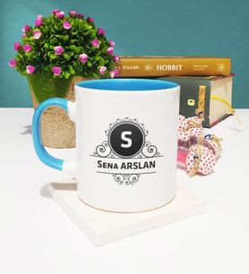 Baş Harf ve İsim Soyisim Tasarımlı Kişiye Özel Baş Harf ve İsim Soyisim Yazılı Kupa Bardak Mavi
