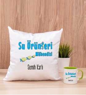 Su Ürünleri Mühendisi Kare Yastık ve Yeşil Kupa Bardak
