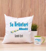Su Ürünleri Mühendisi Kare Yastık ve Yeşil Kupa Bardak