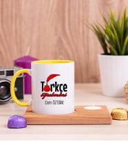 Türkçe Öğretmeni Ahşap Altlıklı Mumlu Sarı Kupa Bardak