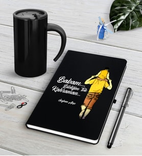 BK Gift Kişiye Özel Babam Bildiğim Tek Kahraman Siyah Defter Kalem Termos Mug Seti (Model 1)