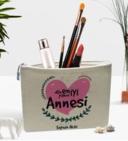 BK Gift Kişiye Özel Dünyanın En İyi Annesi Keten Makyaj Çantası - 11 (Bej)