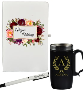 Kişiye Özel Hazırlanmış Hediye Defter Kalem Ve Siyah Termos - Mug Seti