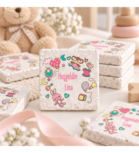 30 Adet Kişiye Özel Baskılı Doğal Taş Magnet 5x5cm Doğum Günü, Hoşgeldin Bebek (Beyaz)