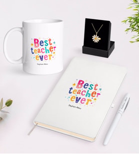 BK Gift Kişiye Özel En İyi Öğretmen Beyaz Kupa Defter Kalem ve İsimli Papatya Kolye Hediye Seti-12 (Model 1)
