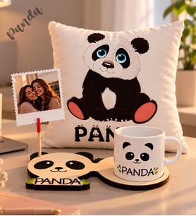 Kişiye Özel Fotoğraflı Panda 3D Figürlü Kupa Ve Panda Yastık Arkadaşa Hediye