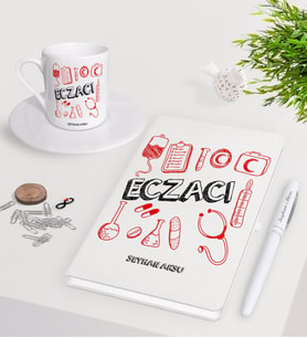 BK Gift Kişiye Özel Eczacı Beyaz Defter Kalem Türk Kahvesi Fincanı Seti-2 (Model 1)