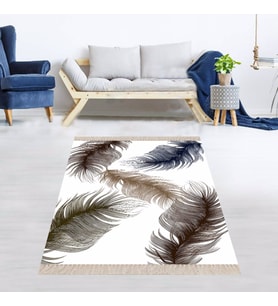 Kuş Tüyü Desenli Dijital Baskı Yıkanabilir Kaymaz Taban Modern Salon Halısı (Beyaz)