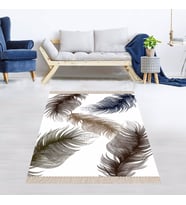 Kuş Tüyü Desenli Dijital Baskı Yıkanabilir Kaymaz Taban Modern Salon Halısı (Beyaz)