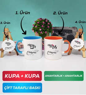 İkili Mavi Turuncu Çiftlere Özel Mr Mrs Sevgiliye Hediye Kupa Bardak Anahtarlık