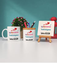 Mesajlı Laboratuvar Teknisyeni Tasarımlı Kişiye Özel Laboratuvar Teknisyeni Kupa Bardak Kalemlik ve Dekoratif Taş Baskı Hediye Seti