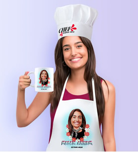 BK Gift Kişiye Özel Melek Annem Karikatürlü Mutfak Önlüğü Aşçı Şapkası ve Kupa Seti (Beyaz)