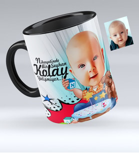 BK Gift Kişiye Özel Bebek Doğum Günü Karikatürlü Siyah Kupa Bardak  1