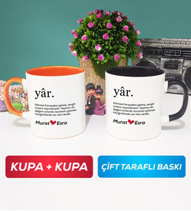 İkili Yâr Sevgililer Günü Hediyesi Kupa Bardak Turuncu Siyah