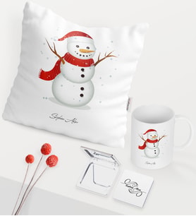 BK Gift Kişiye Özel Yılbaşı Kardan Adam Temalı Beyaz Kupa Ayna Yastık Seti - 2