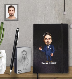 Kişiye Özel Öğretmen Karikatürlü  Siyah Defter Kalem Çakmak Hediye Seti  Bay-11 (Model 1)