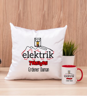 Elektrik Teknisyeni Kare Yastık ve Kırmızı Kupa Bardak