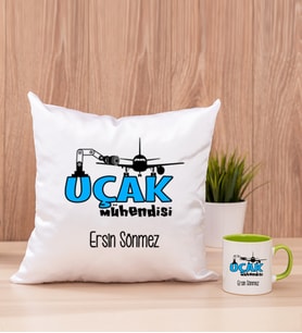Uçak Mühendisi Kare Yastık ve Yeşil Kupa Bardak