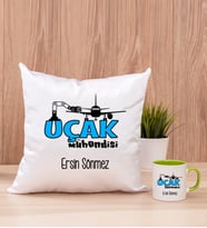 Uçak Mühendisi Kare Yastık ve Yeşil Kupa Bardak