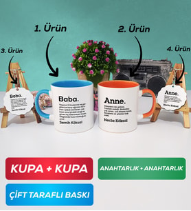 İkili Mavi Turuncu Kişiye Özel Baba ve Anne Kupa Bardak Anahtarlık Hediye Seti