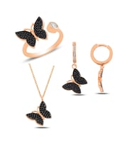 BARIŞ TAKI 925 Ayar Gümüş Rose  Kelebek Üçlü Set